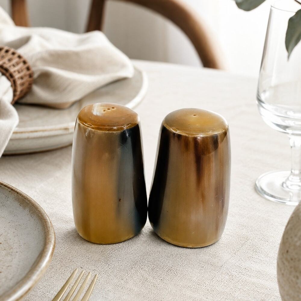 Vintage Buffalo Horn Salt Pepper Shakers Handcrafted Set